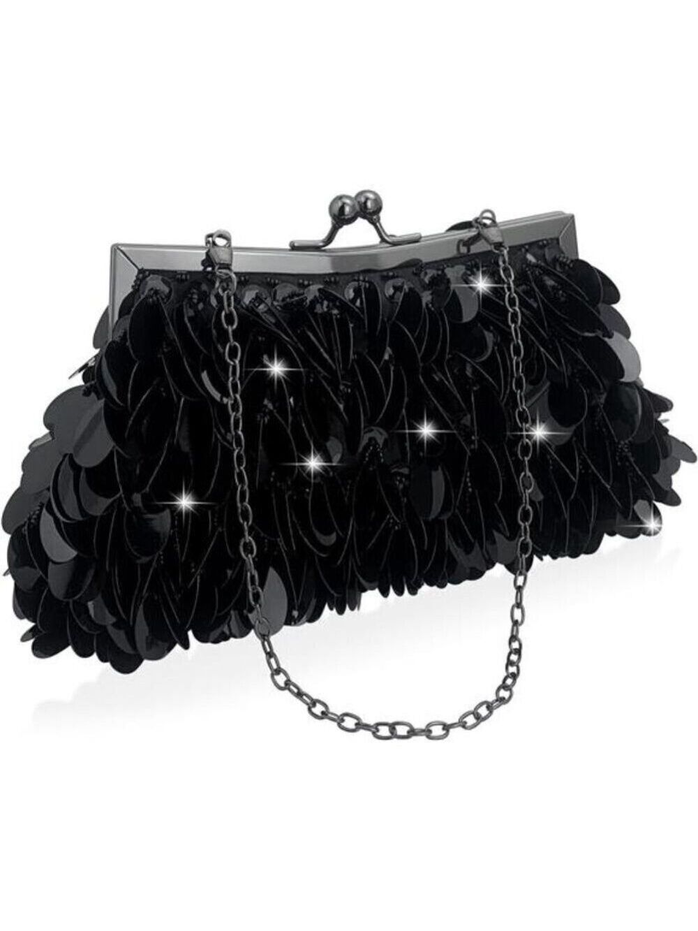 Sparkly Black Evening Clutch Purse Elegant Sequined  Formal Party Handbag